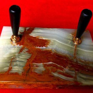 VINTAGE ONYX DESKTOP ACCESSORY DOUBLE PEN HOLDER w BAKELITE S.W.O. & M.CO.